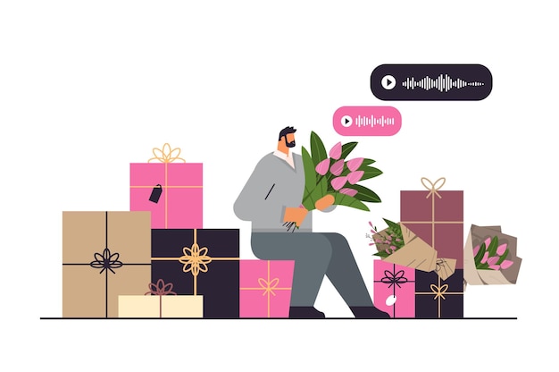 Мужчина с цветами и подарками общается в мессенджерах с помощью голосовых сообщений 8 марта празднование международного женского дня аудио чат онлайн общение полная длина горизонтальная векторная иллюстрация