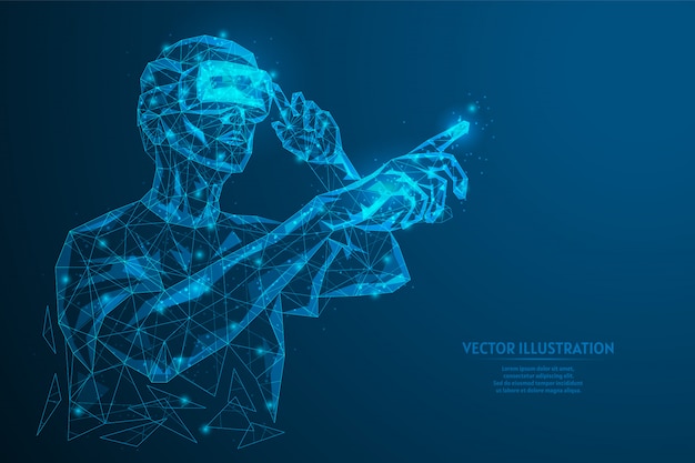 Vector man with glasses, helmet of additional virtual reality. online studies, data analysis, diagnostics, science, vr games. innovative gaming entertainment technology. low poly illustration.