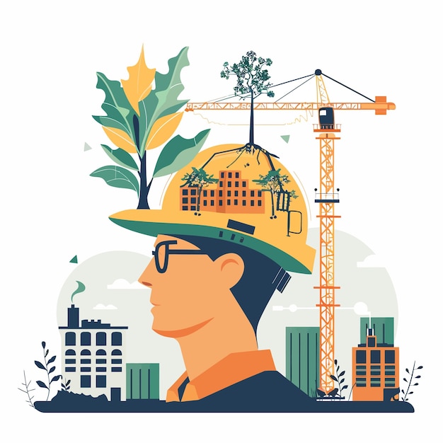 Vector a man with glasses is standing in front of a crane and a building with a crane in the background