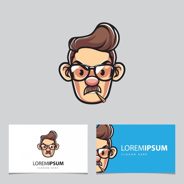 Man with glasses mascot and business cards