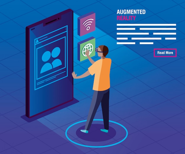 Vector man with glasses of reality augmented and icons