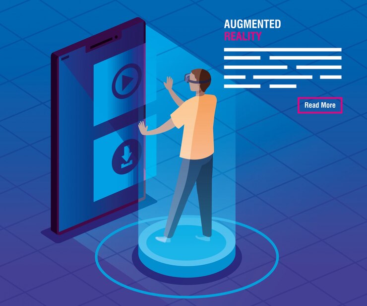 Vector man with glasses of reality augmented and smartphone