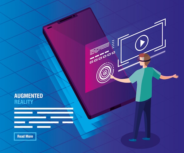 Man with glasses and smartphone of technology reality augmented