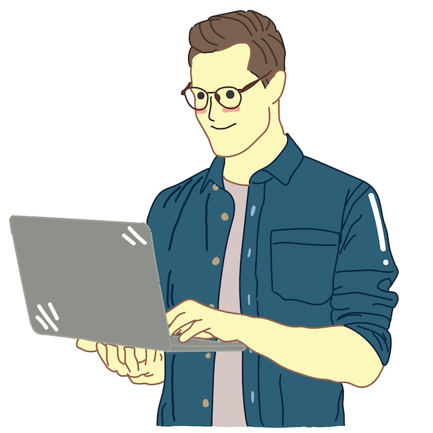 Vector man with glasses using laptop