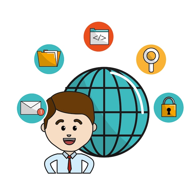 man with global data information and technology icons