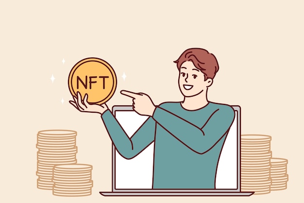 Мужчина с золотой монетой с надписью NFT высовывается из экрана ноутбука, торгуя цифровым искусством на аукционе
