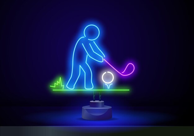 Uomo con l'icona al neon della mazza da golf icona del contorno del giocatore di golf elementi dello sport in icone di stile al neon il contorno blu al neon di un uomo che gioca a golf e fa oscillare una mazza per colpire la palla su uno sfondo nero