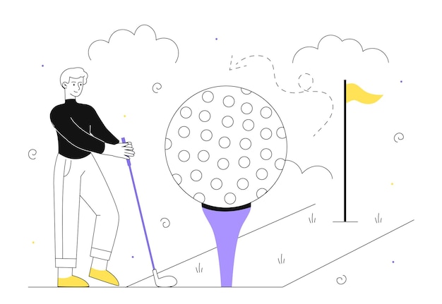 Man with golf line concept young guy hits ball with club active lifestyle and sports leisure outdoor