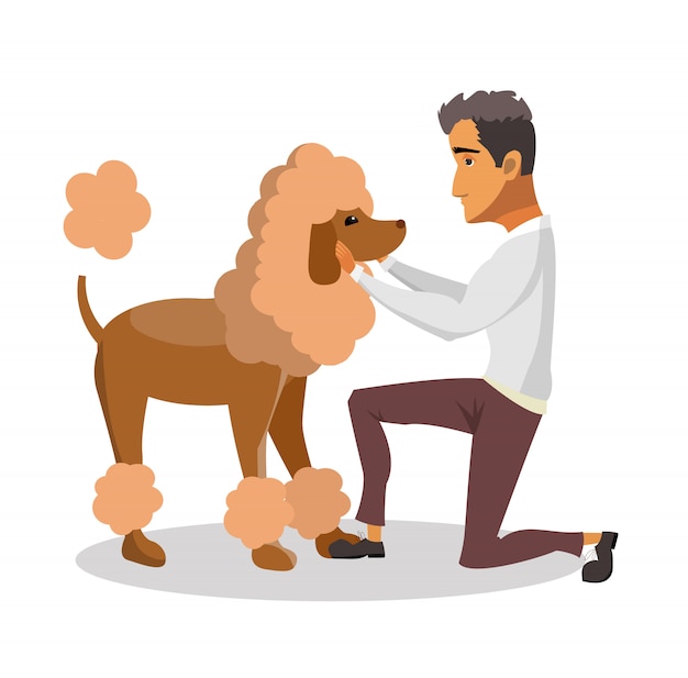 Man with groomed poodle cartoon design element.