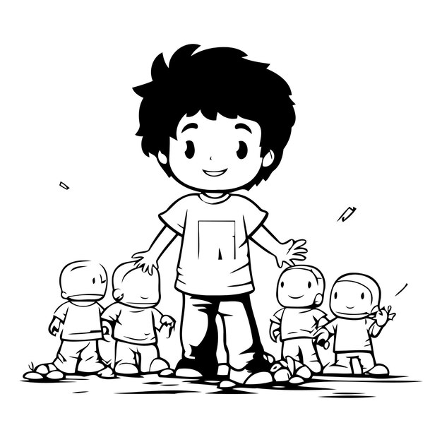 Vector man with a group of children vector illustration in cartoon style