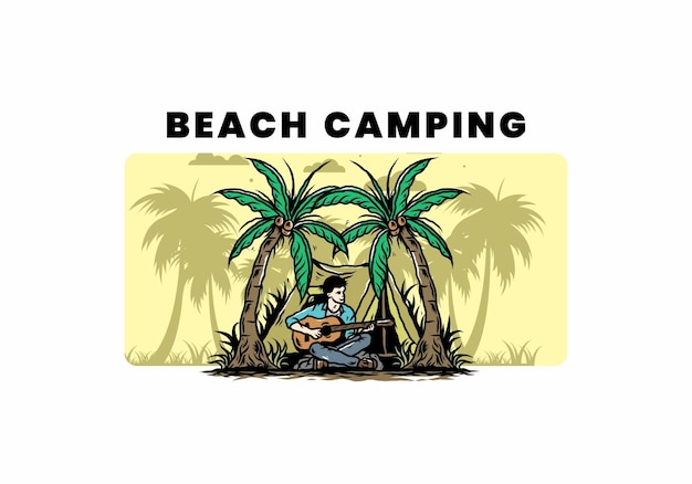 Man with guitar in front of tent between coconut tree illustration