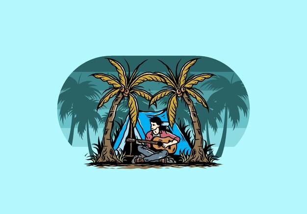 Man with guitar in front of tent between coconut tree illustration