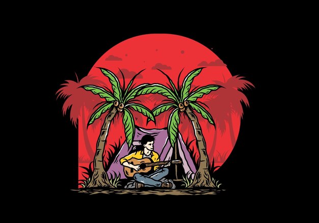 Man with guitar in front of tent between coconut tree illustration