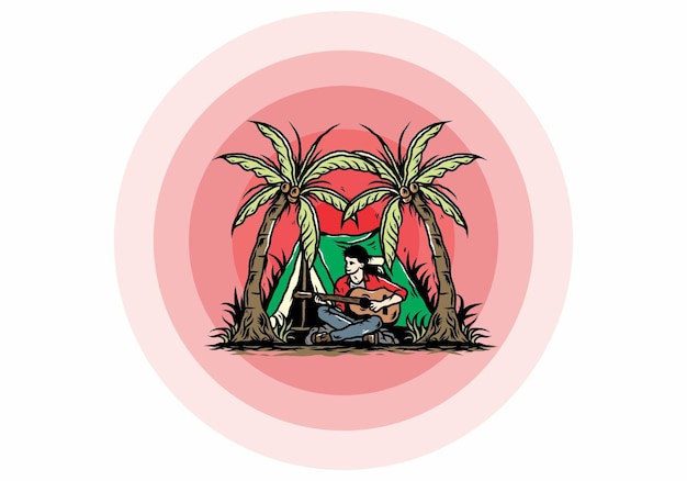 Man with guitar in front of tent between coconut tree illustration