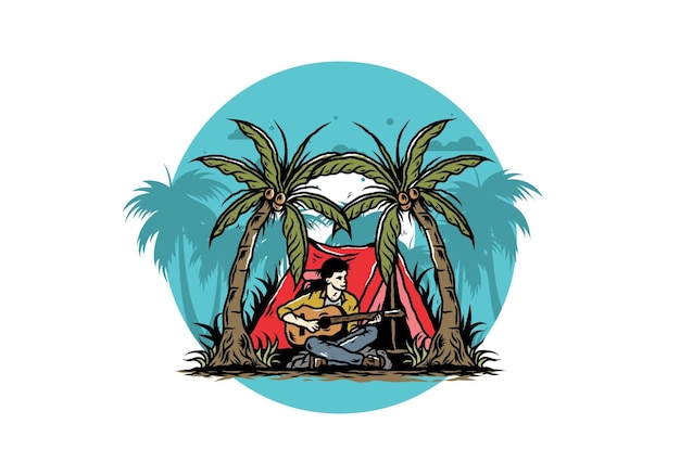 코코넛 나무 삽화 사이에 텐트 앞에 기타를 든 남자