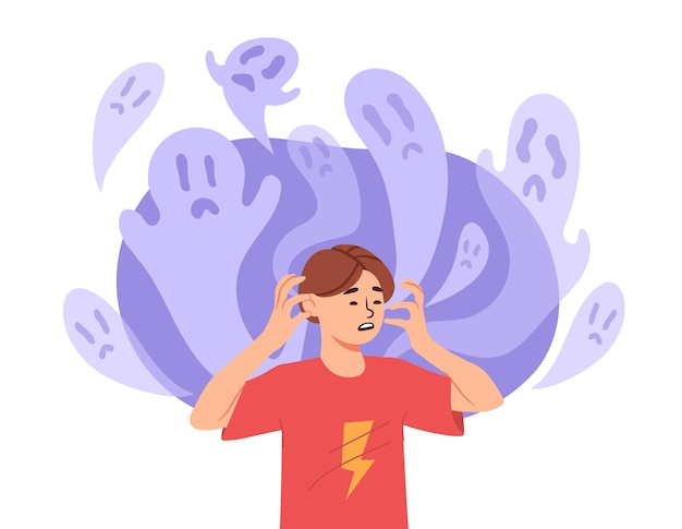 Vector man with hallucinations in head concept young guy on background of ghosts fear and horror paranoia and schizophrenia mental problems and psychological disorders cartoon flat vector illustration