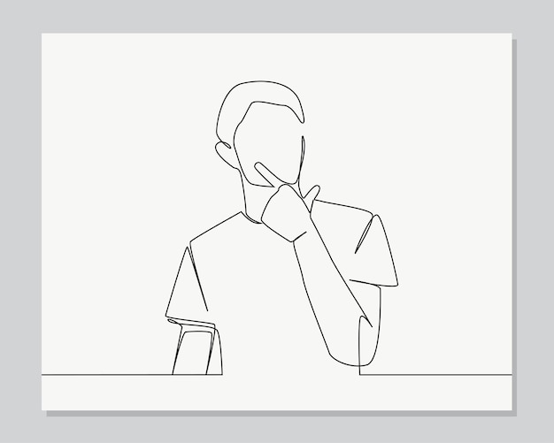 Man with hand on chin thinking about question continuous one line illustration