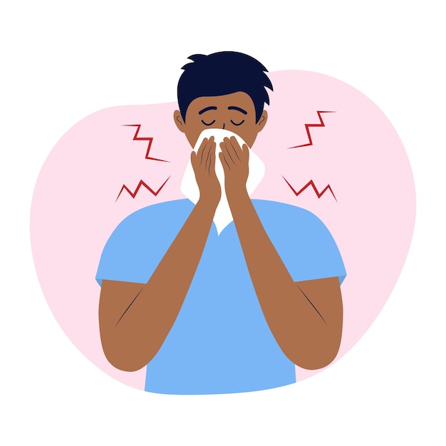 Мужчина с носовым платком чихает Симптомы вирусной инфекции Аллергия на грипп