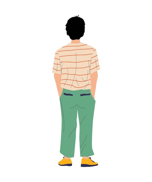 Man with hands in pockets View from behind on teenager standing in relaxing position Isolated walking or waiting young character Caucasian guy in summer casual clothing Vector thinking person