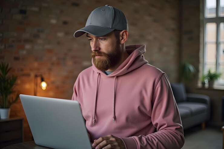 Vector a man with a hat on and a laptop in front of a brick wall
