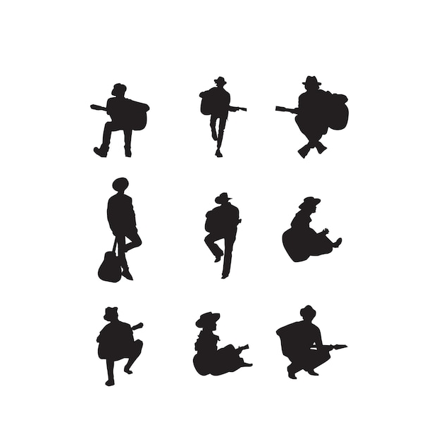 Vector man with hat playing guitar silhouette