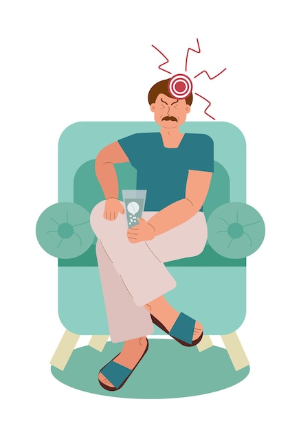 Vector man with a headache holds a glass of painkillers