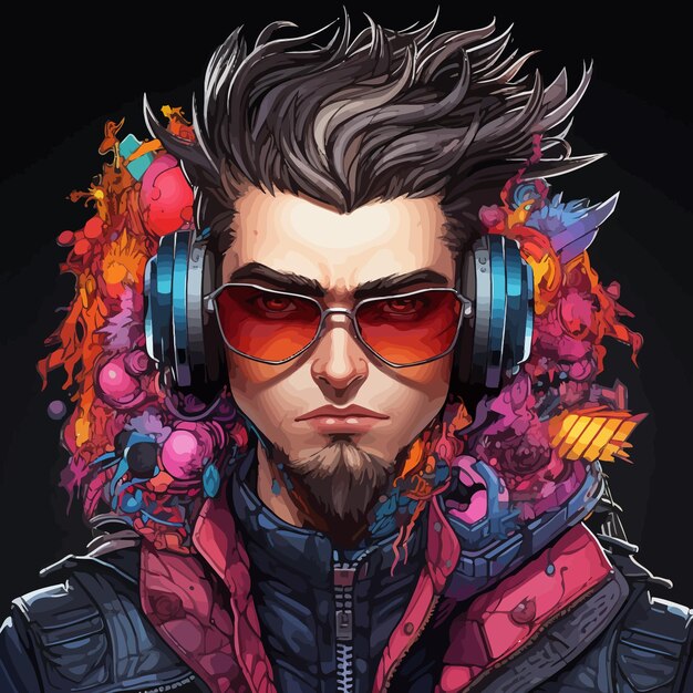 a man with headphones and a colorful jacket with the words " the word " on it.