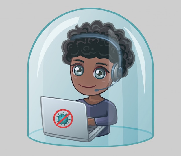 Man with headphones and laptop under glass dome