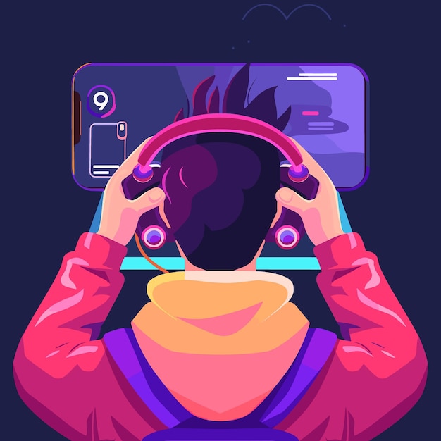 Man with headphones listening to music Vector illustration in cartoon style