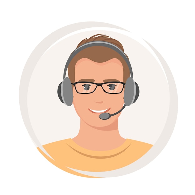 Man with headphones and microphone. customer service, support, call center.