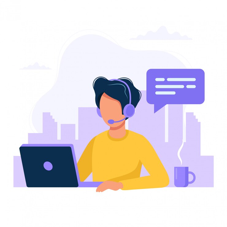 Vector man with headphones and microphone with computer