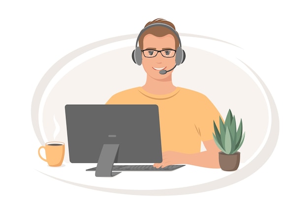 Man with headphones and microphone with laptop. Customer service, support, call center.