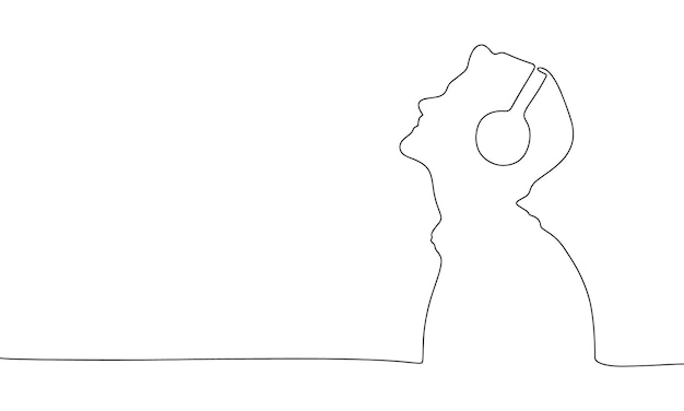 Человек с наушниками Одна линия непрерывная концепция музыкальный баннер Линейная художественная векторная иллюстрация Контур