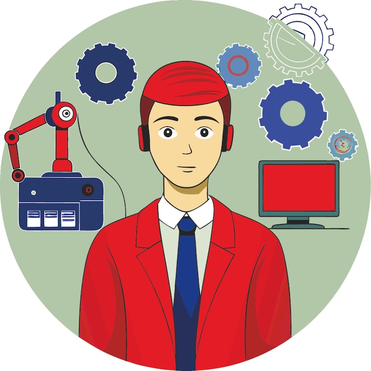 Vector a man with headphones and a red jacket with a man in front of a monitor with a man wearing a red hat
