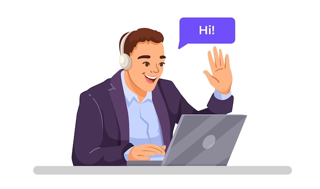 Man with headset waving and using laptop on desk vector illustration