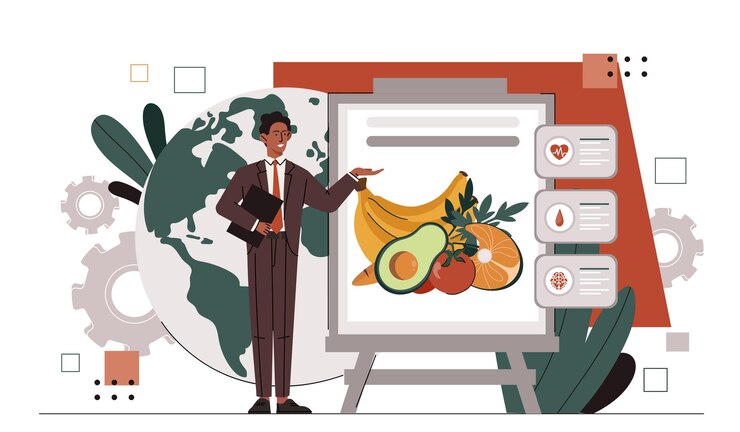 Vector man with healthy eating proper diet and nutrition young guy with fruits and vegetables banana