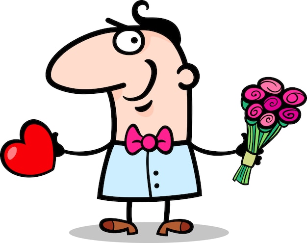 Uomo con cuore e fiori dei cartoni animati