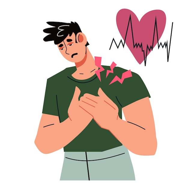 Vector man with heart pain pressing his hands to chest flat vector isolated