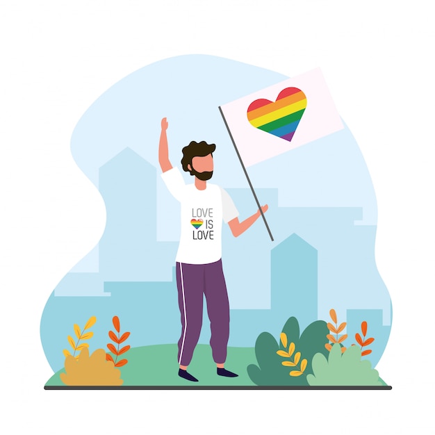 Vector man with heart rainbow flag to lgtb celebration