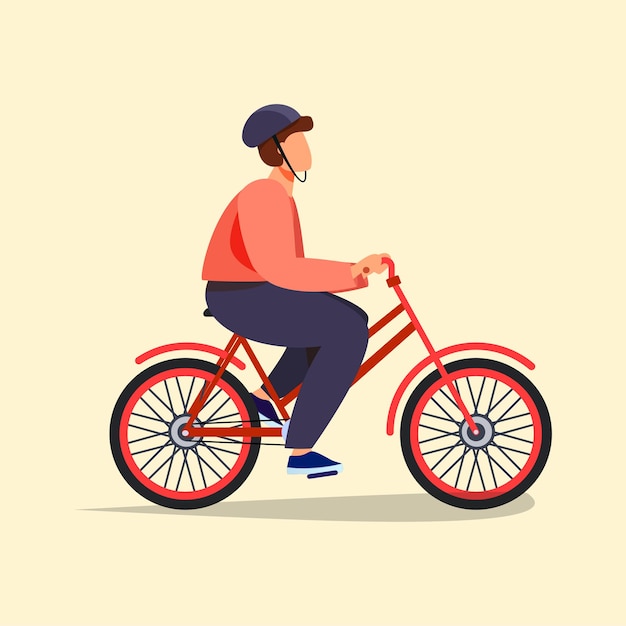 Man with helmet riding bicycle on city street World bicycle day Colored flat graphic vector illustration isolated