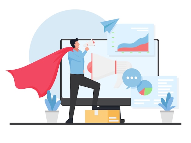 Man with hero costume hold megaphone in front of screen with infographic.