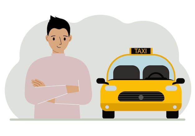 A man with his arms crossed near a yellow taxi car Vector