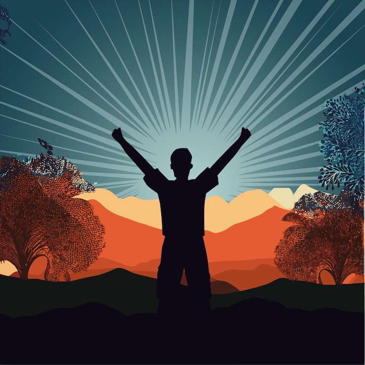 वेक्टर a man with his arms raised in front of a mountain with the sun shining behind him