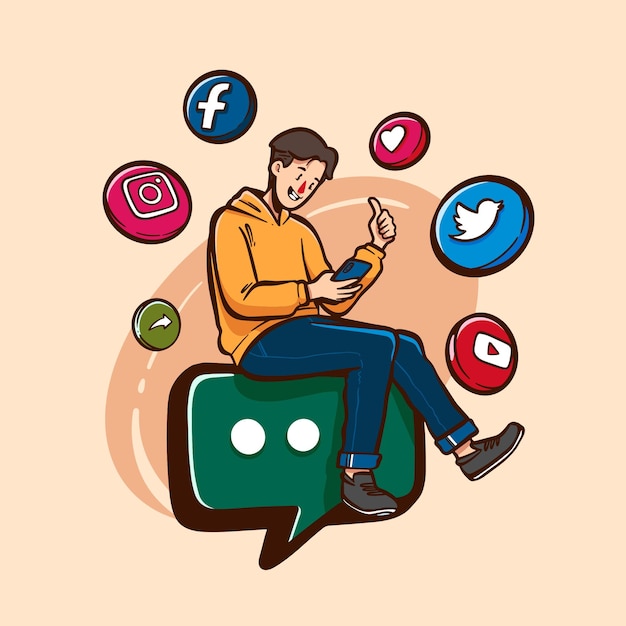 Человек со своим телефоном сидит на значке пузырькового чата с вектором иллюстрации вещей в социальных сетях