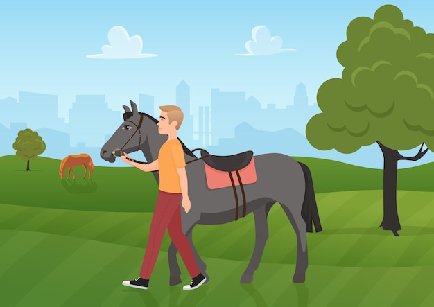 Vector man with horse in summer green landscape jockey rider walking with horse domestic animal