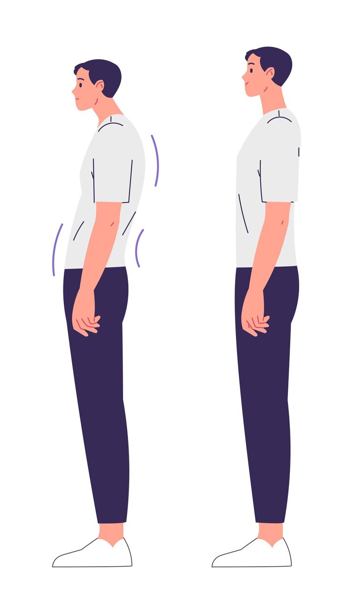 Vector man with impaired posture and correct posture spinal curvature scoliosis