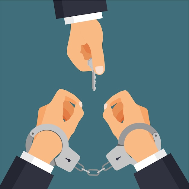 Man with key unlocking handcuffs of arrested man Break free End of arrest Vector illustration