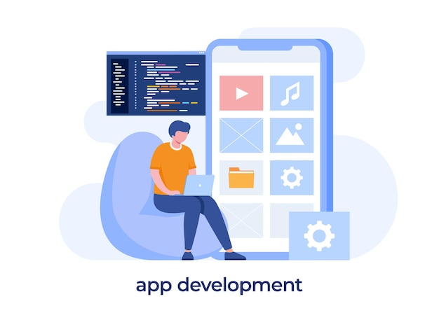 Man with a laptop, application development illustration. UI and UX designer. Mobile apps developer vector flat design and background