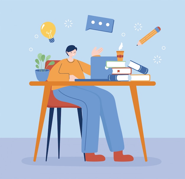 Man with laptop and books on desk   design