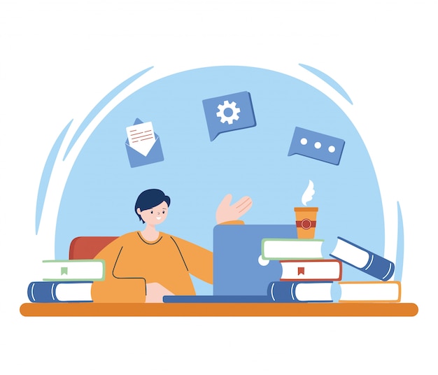 Vector man with laptop and books on desk   design